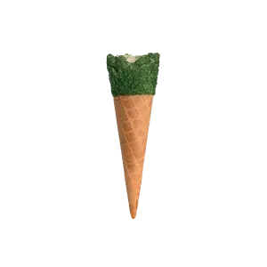 waffle cone with green sherbet around the top rim