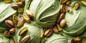 Close-up of creamy green pistachio ice cream swirled with crunchy nut pieces