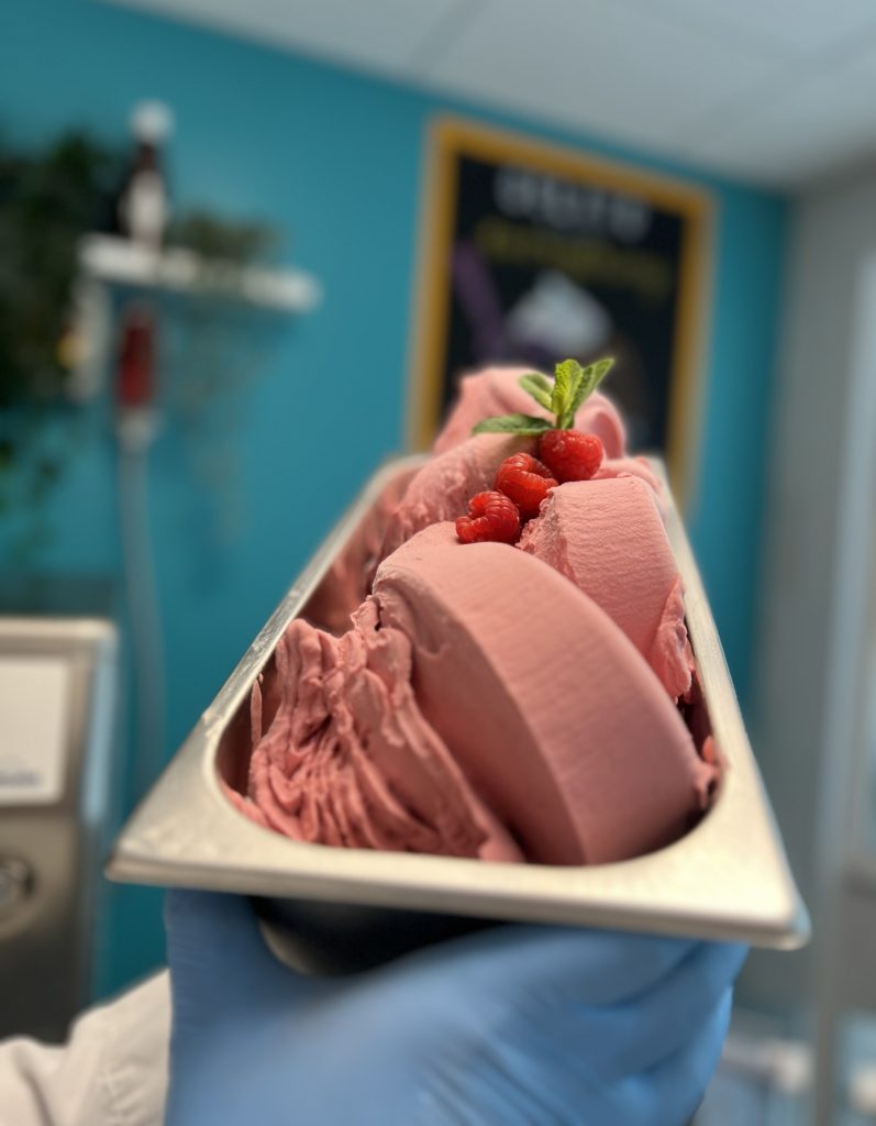 raspberry sorbet made using mazzoni fruit puree