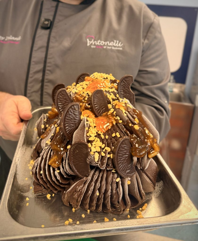 vegan dark chocolate orange sorbet in pan with honeycomb inclussions