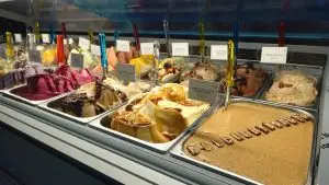 ice cream and gelato in cabinet