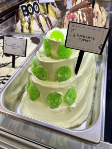 sour apple sorbet decorated with fizzy skull sweets